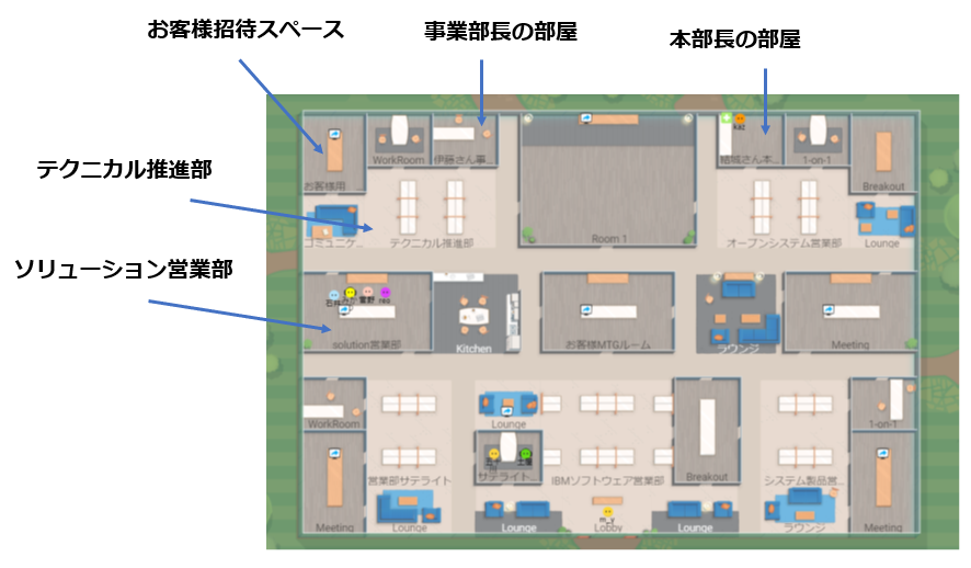 Sococo活用の仮想オフィス画面